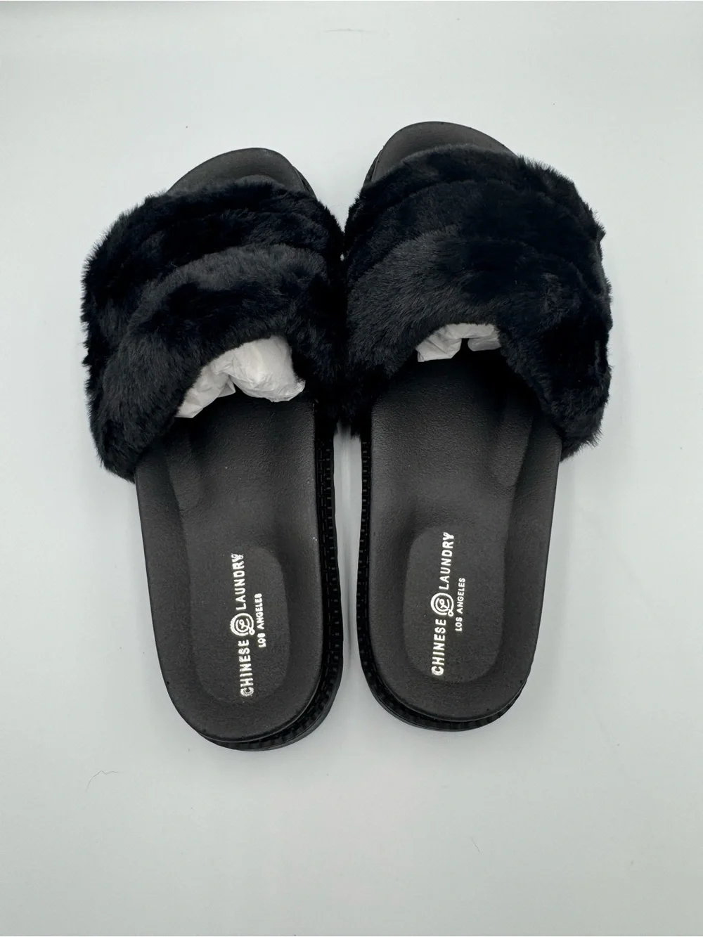 Chinese Laundry Black Faux Fur Slide Sandals Women’s Size 10 New No Box